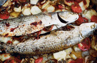 Ψάρι στο φούρνο με λαχανικά και δεντρολίβανο